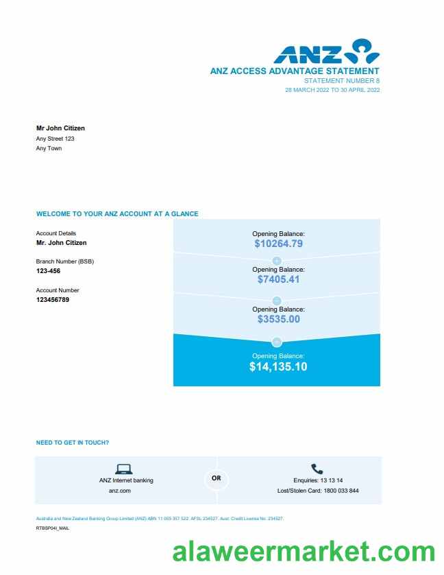 Australia ANZ bank statement easy to fill template in Excel and PDF format, 2 pages